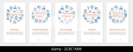 Cinque striscioni verticali con concetto di linea odontoiatrica - stomatologia e impianto Illustrazione Vettoriale