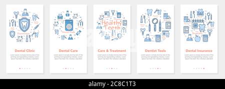 Cinque striscioni verticali con concetto di linea odontoiatria - clinica odontoiatrica e strumenti dentistici Illustrazione Vettoriale