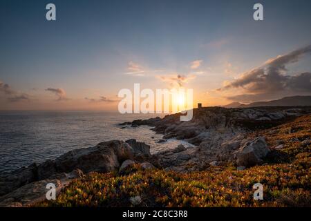 Alba sulla silhouette torre genovese a Punta Spano vicino a Lumio e la costa rocciosa della Balagne della Corsica con Cap Corse nel di Foto Stock