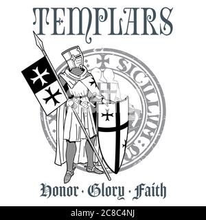 Design accattivante. Cavaliere Templari in armatura con lancia, scudo, bandiera e sigillo cavaliere medievale Illustrazione Vettoriale