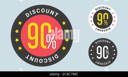 Set di adesivi di vendita alla moda. 90% di sconto. Etichette di vendita e sconto con il 90% di sconto sul prezzo. Modello badge 90 di sconto, percentuale di simboli delle etichette di vendita. Illustrazione Vettoriale