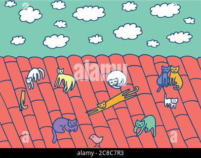 Gatti sul tetto. Cielo azzurro estivo con nuvole. Illustrazione vettoriale di Doodle Illustrazione Vettoriale