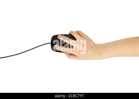 la mano di ragazzo sul mouse del computer isolato Foto Stock