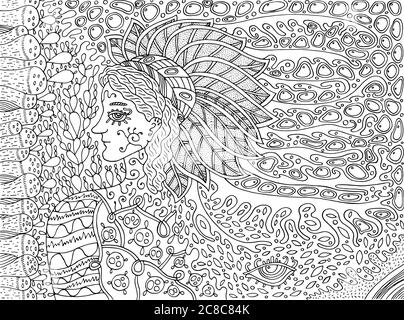 Spirito di foresta sciamanica. Pagina di colorazione dei cartoni animati di Doodle per gli adulti. Illustrazione vettoriale Illustrazione Vettoriale