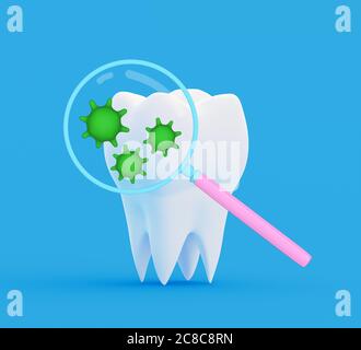 Batterie dentali sotto una lente di ingrandimento. Ricerca e diagnosi di malattie dei denti concetto. illustrazione 3d Foto Stock