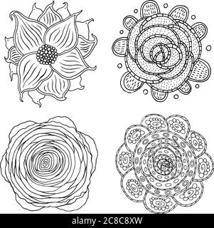 Set Doodle mandala - pagina da colorare per adulti. Decorazioni floreali cartoon. Illustrazione vettoriale Illustrazione Vettoriale