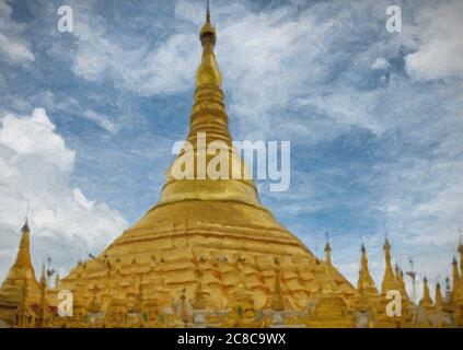 Effetto digitale impasto pittura del Shwedagon Pagoada e cielo blu, Yangon, Myanmar Foto Stock