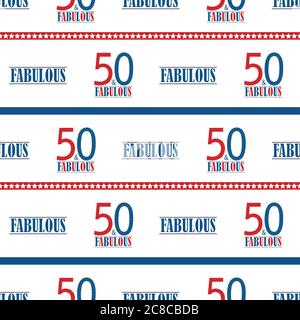 Cinquanta e favoloso sfondo di pattern vettoriali senza giunture di testo. Blu rosso bianco tipografia di stile moderno sullo sfondo con stelle e strisce. Stile americana Illustrazione Vettoriale