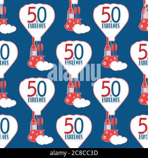 Cinquanta e favoloso sfondo vettoriale senza giunture. Sfondo bizzarro di mongolfiere con saluto tipografico, bottiglie di champagne e bicchieri Illustrazione Vettoriale