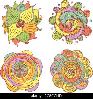 Doodle colorato insieme psichedelico mandala. Decorazioni floreali etniche tribali cartoon. Illustrazione vettoriale Illustrazione Vettoriale