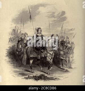 Eleonora d'Aquitania (1122 – 1 aprile 1204) fu regina consorte di Francia (1137–1152) e Inghilterra (1154–1189) e duchessa d'Aquitania a suo diritto (1137–1204). Erede della Casa dei Poitiers, governanti della Francia sudoccidentale, fu una delle donne più ricche e potenti dell'Europa occidentale durante l'Alto Medioevo. Era patrona di personaggi letterari come Wace, Benoît de Sainte-Maure e Bernart de Ventadorn. Ha guidato gli eserciti più volte nella sua vita ed era un capo della seconda crociata. Dal libro Heroines of the Crusades di Bloss, Celestiana Angenette, 1812-1855 pubblicato Foto Stock