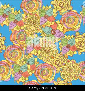 Doodle schizzo mandala fiori sullo sfondo blu. Cartoon co Illustrazione Vettoriale