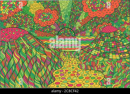 Doodle surreale paesaggio. Grafica psichedelica colorata fantastica Illustrazione Vettoriale