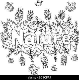 Parola natura - pagina da colorare per adulti e bambini. Carrello di doodle Illustrazione Vettoriale