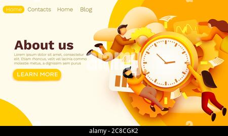 Modello di banner moderno con persone molto piccole e tempo di lavoro. Concetto di sviluppo dell'interfaccia utente. Le persone piccole costruiscono un'organizzazione professionale. Modello di sito. Illustrazione vettoriale Illustrazione Vettoriale