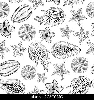 Frutti tropicali senza cuciture motivo - pagina da colorare per adulti. GRA Illustrazione Vettoriale