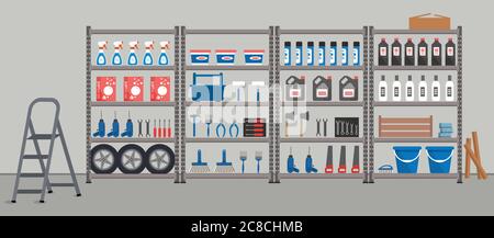 Ripostiglio. Scaffalatura con articoli per la casa. Scaffali per magazzino. Ci sono utensili, scatole, secchi, spazzole, bottiglie, scala a gradini e altre cose in immagine Illustrazione Vettoriale