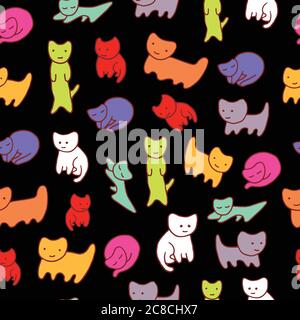 Doodle gattini motivo senza cuciture con sfondo nero. Disegno a mano Illustrazione Vettoriale