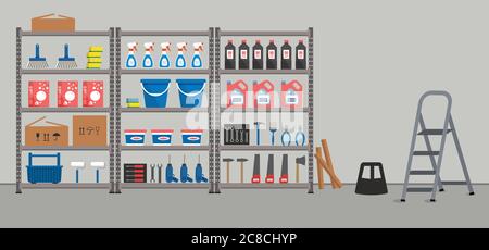 Ripostiglio. Scaffalatura con articoli per la casa. Scaffali per magazzino. Ci sono utensili, scatole, secchi, spazzole, bottiglie, scala a gradini e altre cose in immagine Illustrazione Vettoriale
