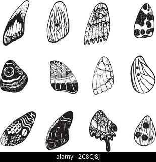 Set alette a farfalla. Inchiostro doodle grafico art. Elementi isolati. Illustrazione Vettoriale