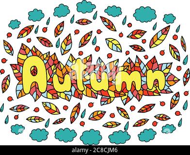 Mandala e parola d'autunno. Doodle scritta opere d'arte colorate. Vect Illustrazione Vettoriale