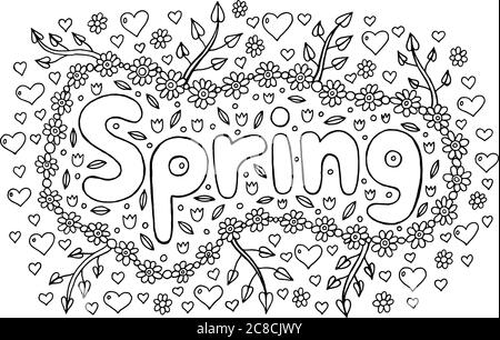 Pagina da colorare per adulti con mandala e parola di primavera. Doodle le Illustrazione Vettoriale