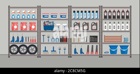 Scaffalatura con articoli per la casa. Scaffali per magazzino. Ripostiglio. Ci sono attrezzi, scatole, secchi, spazzole, bottiglie e altre cose nella figura. Vettore Illustrazione Vettoriale
