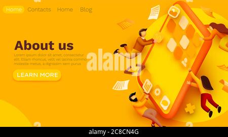 Modello di banner moderno con persone piccole e smartphone gigante. Design di app mobili. Concetto di sviluppo dell'interfaccia utente. Piccole persone che costruiscono applicazioni. Modello di sito Web. Illustrazione vettoriale Illustrazione Vettoriale