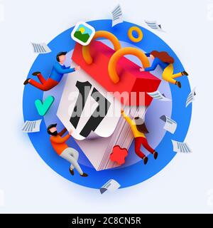 Modello di banner moderno con persone minuscole e calendario gigante. Banner del concetto di pianificazione con caratteri. Gestione del tempo, pianificazione di eventi e organizzazione. Illustrazione vettoriale Illustrazione Vettoriale