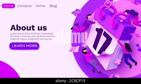 Modello di banner moderno con persone minuscole e calendario gigante. Banner del concetto di pianificazione con caratteri. Gestione del tempo, pianificazione di eventi e organizzazione. Modello di sito Web. Illustrazione vettoriale Illustrazione Vettoriale