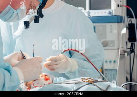 Primo piano del chirurgo e del suo assistente che esegue la chirurgia estetica in sala operatoria dell'ospedale. Medico che tiene gli strumenti chirurgici durante il medico Foto Stock