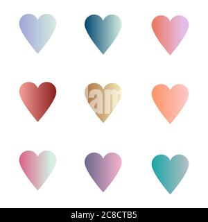 Impostazione del cuore del gradiente. Collezione di cuore colorato. San Valentino. Illustrazione del pacchetto adesivo Hearts isolato su sfondo bianco Illustrazione Vettoriale