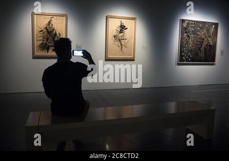 Un visitatore scatta foto di dipinti durante la mostra Nicolas de Staël al Museum Centre Pompidou. UNA nuova retrospettiva sul pittore francese Nicolas de Staël, con 25 opere; 9 dipinti e 16 opere cartacee, arriva al Museum Pompidou. Questa mostra è stata presentata dal presidente del Museo francese Pompidou Serge Lasvignes, ambasciatore francese Jean-Michel Casa e sindaco della città di Malaga Francisco de la Torre. La mostra mostra mostra la carriera dell'artista attraverso i suoi dipinti e le sue opere figurative e astratte e sarà esposta a Malaga dal 23 luglio all'8 novembre 2020. Foto Stock