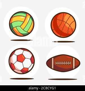 Set di attrezzature sportive. Pallavolo, Basket, Calcio e American Football Vector Illustrazione Vettoriale