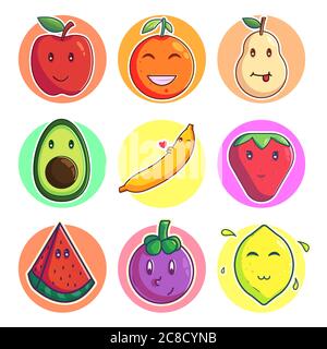 Set di illustrazioni vettoriali di Emoji frutta carino Illustrazione Vettoriale