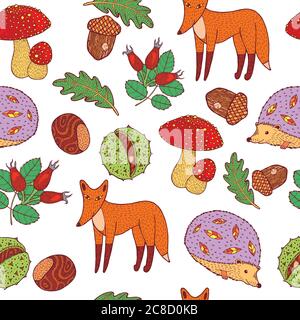 Autunno foresta - animali e piante. Doodle disegno a mano senza cuciture motivo. Grafica vettoriale Illustrazione Vettoriale