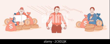 Illustrazione del cartone animato vettore di successo economico e fallimento. Donna felice e vecchio circondato da monete d'oro e triste uomo arrabbiato con tasche girate verso l'esterno, senza soldi. Illustrazione Vettoriale