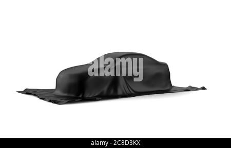 Auto coperta con un panno nero isolato su sfondo bianco: Illustrazione 3D Foto Stock