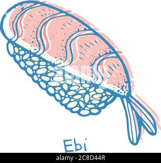 Sushi EBI - illustrazione del colore dello schizzo. Nigiri con il gamberetto e il riso. Pesce giapponese. Illustrazione vettoriale Illustrazione Vettoriale