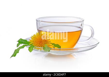 Tè del dente di leone in una tazza trasparente con fiore del dente di leone e foglie su sfondo bianco Foto Stock