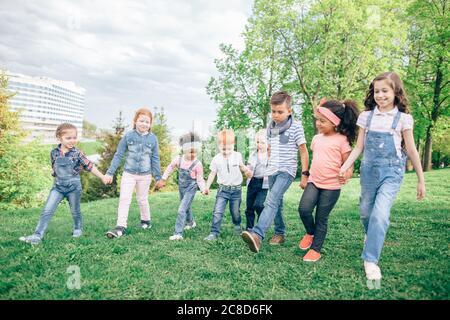 Il gruppo multiculturale sta tenendo le mani sull'erba del Parco. Il concetto di infanzia, amicizia, comunicazione interculturale. Foto Stock