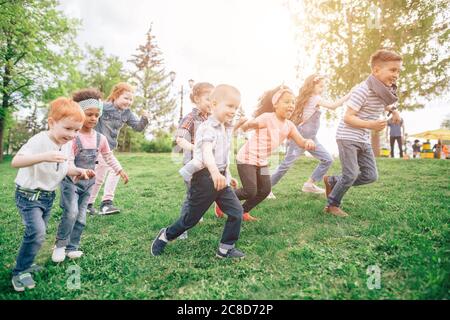 gruppo multiculturale sta tenendo mani sull'erba nel parco. concetto di infanzia, comunicazione di amicizia. Foto Stock
