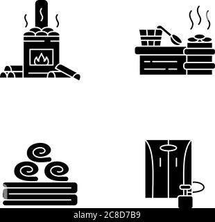 Moderne saune glifo nero icone set su spazio bianco. Bagni a legna, vaporarium, asciugamano e simboli portatili della silhouette della sauna. Trattamenti termali Illustrazione Vettoriale