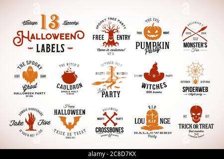Tredici badge vettoriali, etichette o modelli di logo di Halloween vintage. Zucca, Ghost, cranio, ossa, pipistrelli e altri simboli con la tipografia retro. Illustrazione Vettoriale