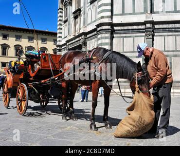 FIRENZE, ITALIA - 14 APRILE: Carrozza davanti al Battistero di San Giovanni il 14 aprile 2013 a Firenze. Un servizio di carrozze trainate da cavalli c Foto Stock