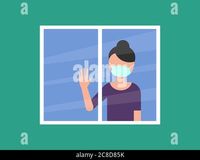 Donna con maschera medica che guarda attraverso la finestra. Prevenzione del coronavirus. Isolamento di auto, quarantena, concetto di soggiorno a casa. Covid 19 ansia. Vettore Illustrazione Vettoriale