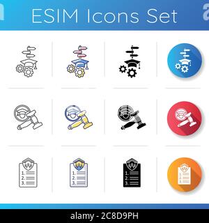 Set di icone vita college. Università maggiore. Laurea in avvocato. Accordo con i flatmates. Processo decisionale. Vita e attività studentesche. Lineare, nero e RGB colo Illustrazione Vettoriale