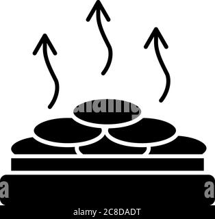 Icona glifo nero sauna a calore secco. Centro benessere, relax in bagno. Terapia termica, simbolo della sagoma del vaporario sullo spazio bianco. Pietre calde su Illustrazione Vettoriale