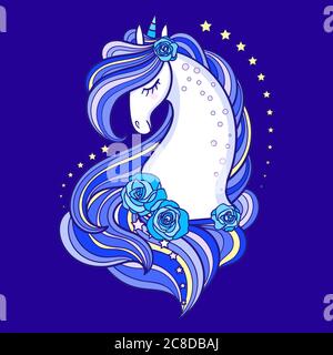 Testa di una bella unicorno con una lunga, manie blu e rose su uno sfondo blu.animale fanastico. Per la progettazione di stampe, poster, tatuaggi, postcar Illustrazione Vettoriale