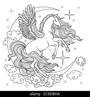 Unicorno fantastico con una lunga mania sullo sfondo del mese e nuvole. Bianco e nero. Per la progettazione di stampe, poster, tatuaggi, coloring bo Illustrazione Vettoriale